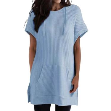 Imagem de Nagub Camisetas grandes femininas de manga curta com capuz, gola redonda, caimento solto, moletom casual de verão, Azul, M