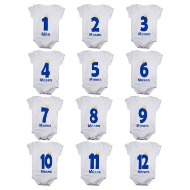 Imagem de Kit body bebê mesversario manga curta estampa números menino 12 bodies 1 a 12 meses
