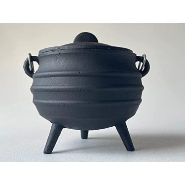 Imagem de Caldeirão grande de ferro fundido com tampa e alça, estilo canelado de 14 cm de diâmetro, perfeito para manchas, queima de incenso, ritual, decoração