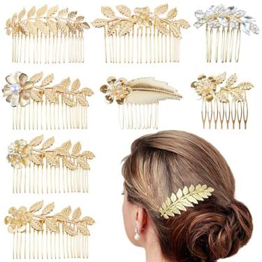 Imagem de Pacote com 8 pentes laterais de cabelo de folha para mulheres e meninas, grampos decorativos de metal para noivas, pente de cabelo torcido francês dourado para acessórios de cabelo de casamento