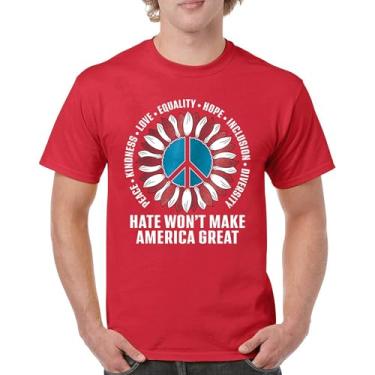 Imagem de Camiseta masculina Hate Won't Make America Great Peace Kindness Love Equality Hope Inclusion Diversity Peace Sign, Vermelho, P