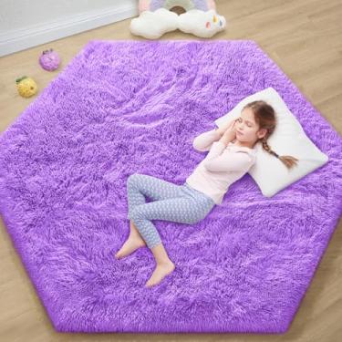 Imagem de EVOIONOS Tapete hexagonal roxo para barraca princesa, 10 x 12 m, tapete felpudo fofo para decoração de quarto de meninas e crianças, tapete de berçário macio e fofo, tapete estético antiderrapante