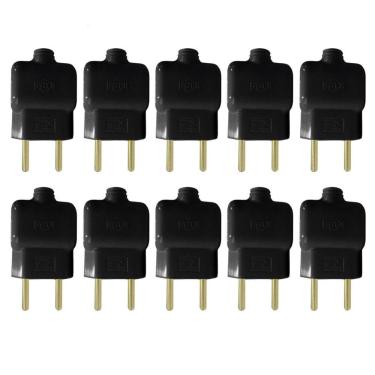 Imagem de Kit 10 Plug Tomada Pino Macho Prensa Cabo 2P Preto 10A 250V