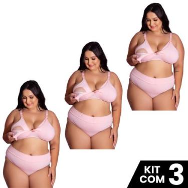 Imagem de Kit 3 Conjuntos Sutiã e Calcinha Cotton Amamentação Plus Size Tamanho 