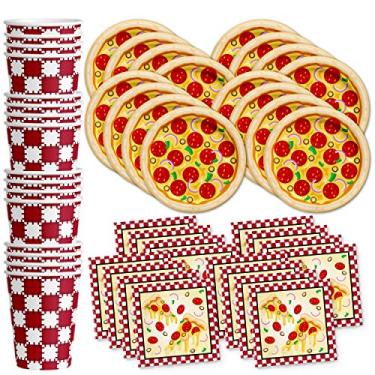 Imagem de Conjunto de artigos para festa de aniversário de pizza, pratos, guardanapos, copos, utensílios de mesa para 16