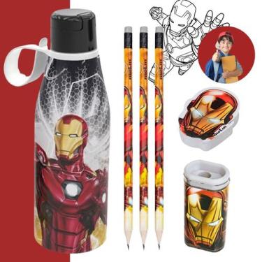 Imagem de Kit Escolar Homem de Ferro Vingadores Lápis Borracha Apontador + Copo 