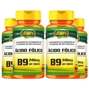 Imagem de Kit C/4 Ácido Fólico Vitamina B9 240mcg 60 Cápsulas Unilife