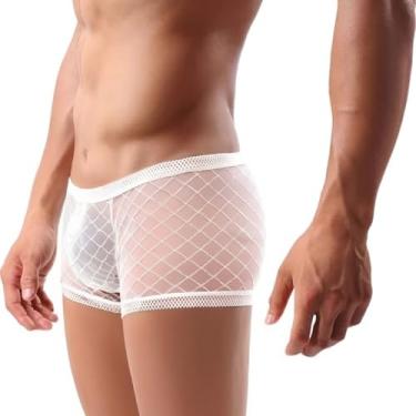 Imagem de YINYOUYU Cueca boxer masculina transparente sexy de malha de renda sem costura fina e bolsa boxer, 1 branco., G