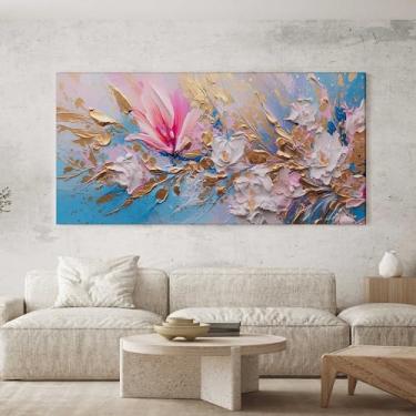Imagem de Quadro Decorativo para Sala Quarto Hall 100x50 Arte Floral Rosê Dourado Pintura Horizontal Grande Decoração Parede Tela