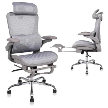 Imagem de YESOP Cadeira Ergonômica Cadeira Escritorio Suporte de 150 kg com Suporte Lombar Independente, e Encosto de Cabeça Ajustável,e Apoio Retrátil Para Os Pés - Cinza