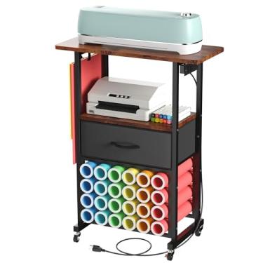 Imagem de Carrinho de artesanato com estação de carregamento e gaveta de tecido, 24 suportes de rolo de vinil para carrinho Cricut, organizadores de artesanato e armazenamento compatíveis com Cricut Maker,
