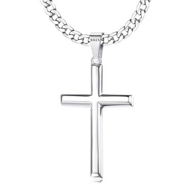 Imagem de Milacolato Colar com pingente de cruz de prata esterlina 925 para homens e mulheres com 5 mm de aço inoxidável durável com corte diamante fígaro ou corrente de elos groumett, banhado a ouro branco 18 K, cruz polida fina, 45 a 76 cm, Metal, Zircônia cúbica