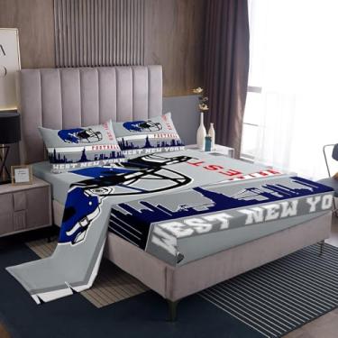Imagem de Erosebridal Jogo de lençol solteiro para fãs de futebol americano, cidade de futebol americano, cinza, azul, rúgbi, decoração de quarto de competição, jogo de bola esportiva, lençol de cima (oeste de