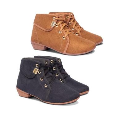 Imagem de Kit 2 Pares Bota Coturno Liso Feminino Cano Curto Salto Baixo - Leila 