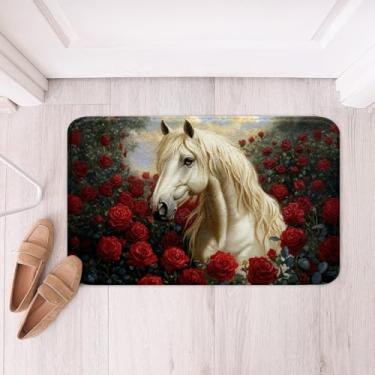 Imagem de jejeloiu Tapete de banho de poliéster cavalo galopante, tapete de porta de lã macia para crianças, meninos, meninas, cavalo rosa vermelha, tapete de banho antiderrapante, tapete de banho branco para
