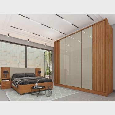 Imagem de Quarto Casal Ripado Guarda-roupa 6 Portas com Cama e Cabeceira