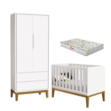 Imagem de Berço Americano e Guarda Roupa 2 Portas New Classic Branco com Pés Madeira e Colchão Gazin – Reller