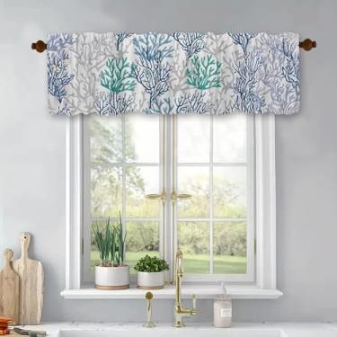 Imagem de Cortinas curtas de tratamento de janelas costeiras azul marinho coral cortinas blackout com bolso para varão painel de topo para banheiro, quarto, sala de estar, 137 x 45 cm