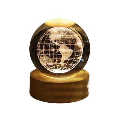 Imagem de Luminária Cristal de Mesa Sistema Solar Saturno Lua Galáxia LED Base Madeira Enfeite Decorativo Casa(Terra)