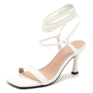 Imagem de Enelauge Sandálias femininas de salto baixo com cadarço, bico aberto, bico aberto, salto baixo, salto gatinho, tornozelo, amarrar, casamento, festa de casamento, Branco fosco, 39