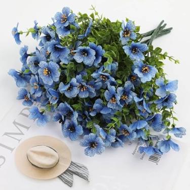 Imagem de 25 pacotes de flores artificiais, proteção UV, flores de seda falsas, plantas de plástico artificiais, eucalipto, violetas, jardim, varanda, janela, caixa, vaso de mesa, decoração de casa (azul, 25