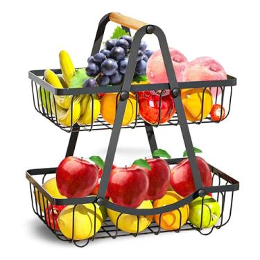 Imagem de Cesta de frutas de 2 camadas, cesta portátil de armazenamento de frutas para cozinha, cesta retangular de metal removível com alça, tigelas para organização de frutas e vegetais e pães e lanches