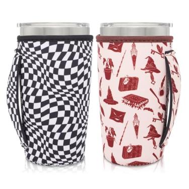Imagem de AJLTPA Suporte de copo com isolamento de neoprene com alça para copos de 590 ml, manga reutilizável para café gelado compatível com Starbucks Trenta, Dunkin Grande, mais (Escola de mago e tabuleiro de