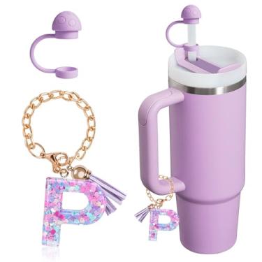 Imagem de HaimiLiya Capa de canudo com corrente de copo com letra inicial para acessórios Stanley Cup, tampa de palha de 10 mm, pingente de copo fofo, roxo