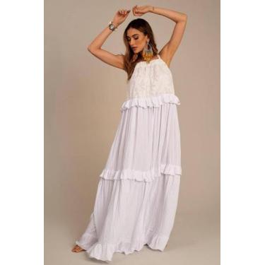 Imagem de Vestido Longo Amplo De Alças Com Rendas E Babados Branco Yacamim C21, 