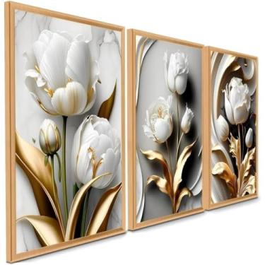 Imagem de 2025 Quadros Decorativos Flor Tulipa Branca Dourada 3 Peças Mosaico Sala Quarto Escritório (01, Tamanho 20x30 Centímetros)