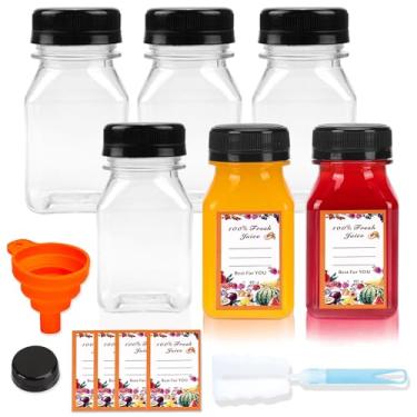 Imagem de Hadatido Pacote com 6 garrafas de plástico de 118 ml com tampas Recipientes de dose de suco de 120 ml - Frascos de dose de bem-estar reutilizáveis de boca larga para suco, gengibre, licor, adesivos de