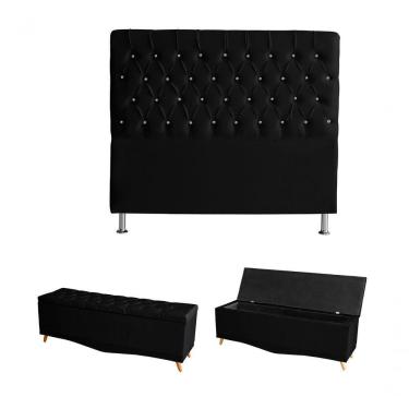 Imagem de Kit Estrela Cabeceira De Cama Box E Calçadeira Baú Pés Palito Botão Cristal Queen 160 Cm Suede Preto Do Lar Móveis