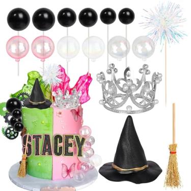 Imagem de Rsstarxi Pacote com 16 decorações de bolo de bruxa princesa coroa mágica chapéu de bruxa vassoura bolo palheta preto rosa balão decorações de bolo para Halloween chá de bebê festa de aniversário bolo