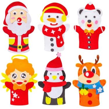 Imagem de Fantoche de mão, 6 peças de fantoches de mão de desenho animado de Natal, mãos de dedo de felicidade emocional, fantoches de Natal de tecido não tecido, mãos de dedo