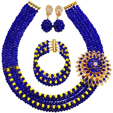 Imagem de Conjunto de joias com miçangas nigerianas aczuv 5 fileiras, colar e brincos de cristal com contas de casamento africanas 18 inches first layer