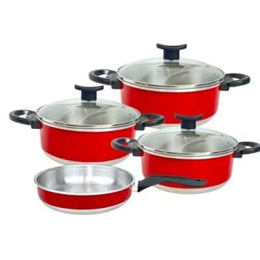 Imagem de Conjunto de Panelas com 3 Caçarolas + 1 Frigideira de Alumínio Esmaltado Vermelho com Tampas de Vidro
