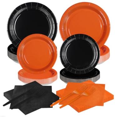 Imagem de Grencian 200 peças de decorações de festa de aniversário laranja e preto pratos e guardanapos descartáveis de papel para Halloween, aniversário, casamento, chá de bebê, suprimentos de festa, serve 50