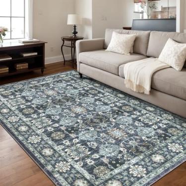 Imagem de Dotiiorug Tapete lavável 20 × 25 para sala de estar, tapete floral vintage, macio, antiderrapante, resistente a manchas, para quarto, sala de jantar, casa, escritório, azul/marinho