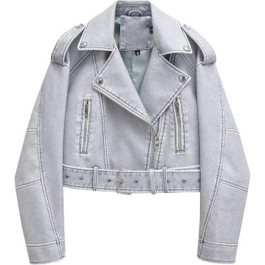 Imagem de Casaco Curto Casual De Couro Falso Dgyahm Wome's Vitage Fashio Casaco De Motocicleta Jaqueta Blazer Collar Zip Up, Grey White, M