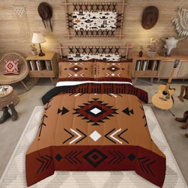 Imagem de Conjunto de cama de casal asteca ocidental, nativo americano, nativo americano, conjunto de edredom para meninos, adultos, adolescentes, homens, sudoeste, geométrico, étnico, nativo americano