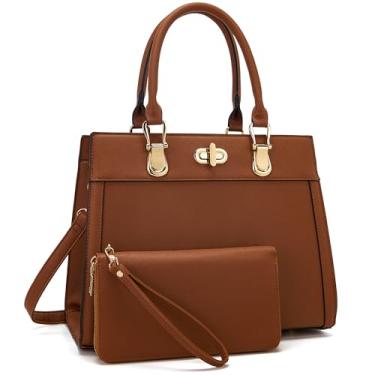 Imagem de Conjunto de bolsa feminina bolsa de ombro bolsa de ombro bolsa de trabalho bolsa transversal combinando carteira 2 peças, Marrom amarelo., Large