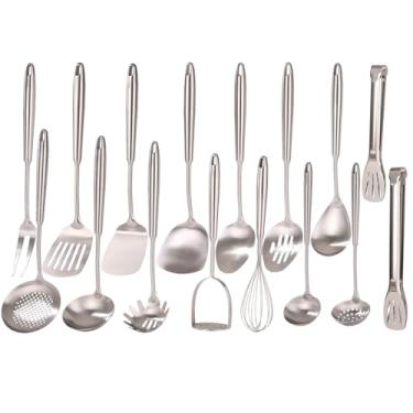 Imagem de Conjunto de utensílios de cozinha de aço inoxidável 18/10 - 16 peças, todos os utensílios de metal, utensílios de cozinha - batedor, espremedor, garfo, pinça, colher sólida/ranhurada, espátula