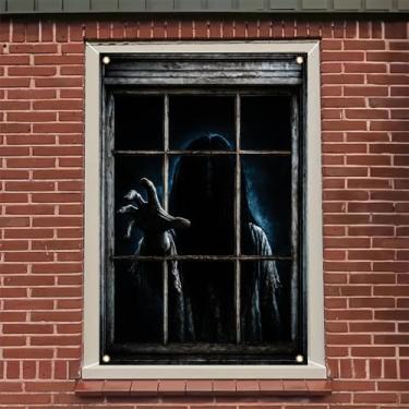 Imagem de Saoplasa Capa de janela de Halloween, pôster de menina fantasma assustadora, adesivo de janela de terror, decoração de casa assombrada, decalque assustador de alcance de mão para ambientes externos