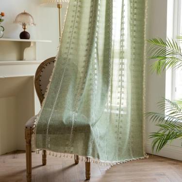 Imagem de Cortinas Boho Verde Sálvia 244 cm de comprimento, 2 painéis para quarto, sala de estar, vintage, bordado, listrado, semitransparente, linho, quinta, filtragem, cortinas, privacidade, casual, country