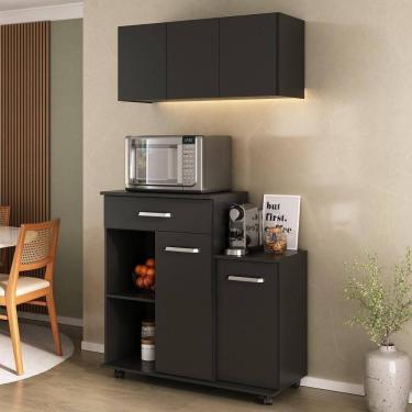 Imagem de Kit Armário De Cozinha 93cm Com Balcão Multiuso Para Micro-ondas Multimóveis Mp2282 Preto