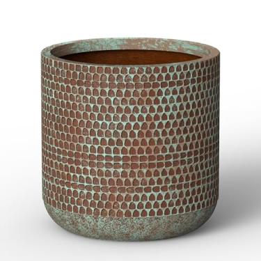 Imagem de Humid Jade Plantador de concreto redondo de 15,7 polegadas com textura de grade irregular, vaso de planta de superfície salpicada mineral com orifício de drenagem, ideal para árvores, flores, arbustos