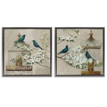 Imagem de Stupell Industries Conjunto de tela flutuante emoldurada cinza Spring Bluebirds Menagerie 2 peças por Elaine Vollherbst, 25 x 25