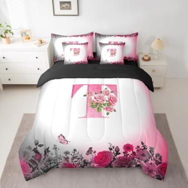 Imagem de jejeloiu Conjunto de edredom Queen com letras de flores, para crianças, adolescentes, mulheres, monogramas, 7 peças, personalizado, com inicial em uma bolsa, preto, rosa, borboleta, moda moderna
