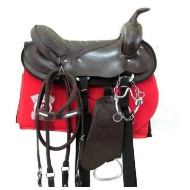 Imagem de Sela Americana Marrom Especial Comum 100% Couro Original + Acessórios 