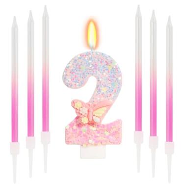 Imagem de ElekFX Vela número 2 de borboleta rosa com bastão de cera, decorações de 2º aniversário para meninas, topo de dois bolos com glitter com lantejoulas para artigos de festa e lembrancinhas